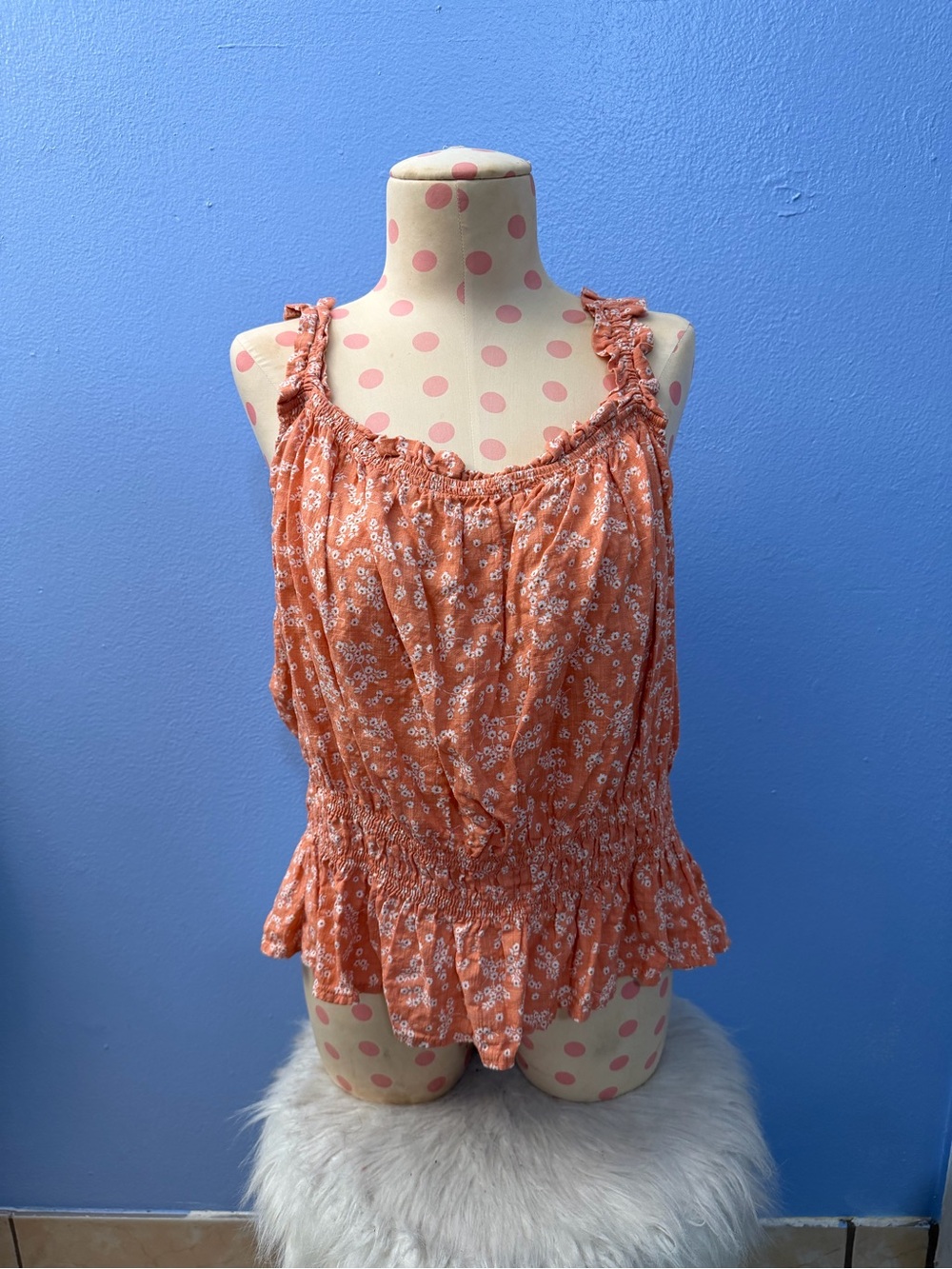 a.n.a Orange Floral Ruffle Strap Smocked Waist Tank